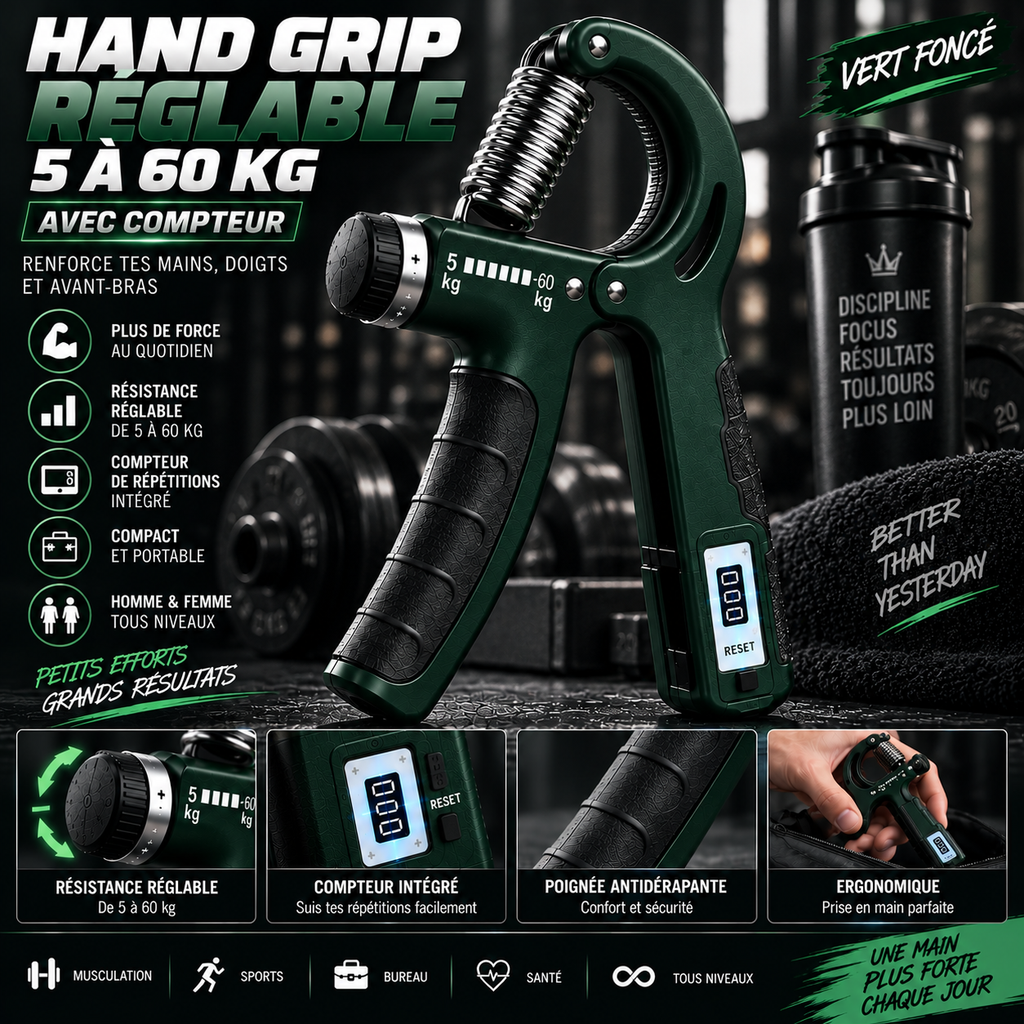 Hand Grip Réglable 5–60 kg avec Compteur | Seitsuna