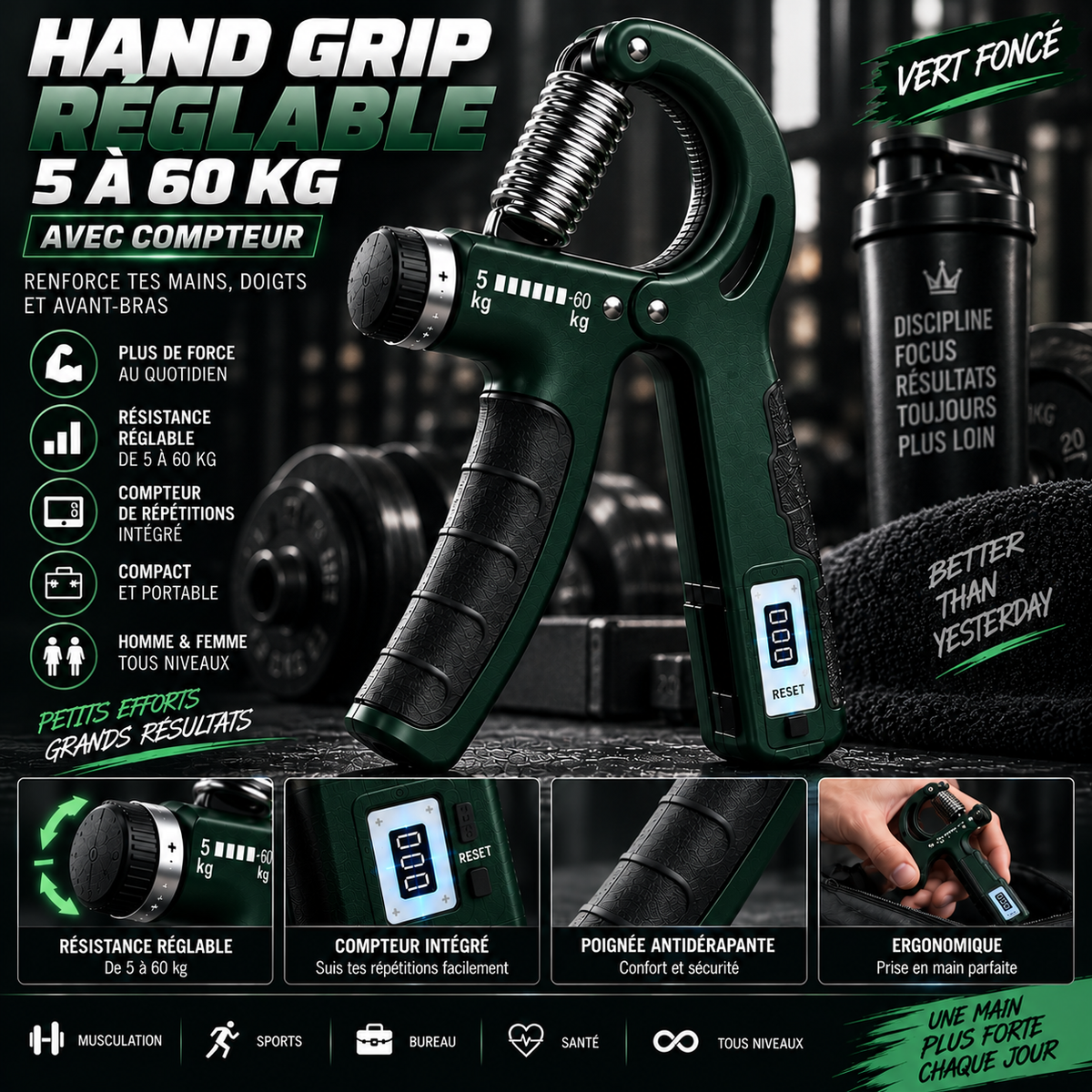 Hand Grip Réglable 5–60 kg avec Compteur | Seitsuna