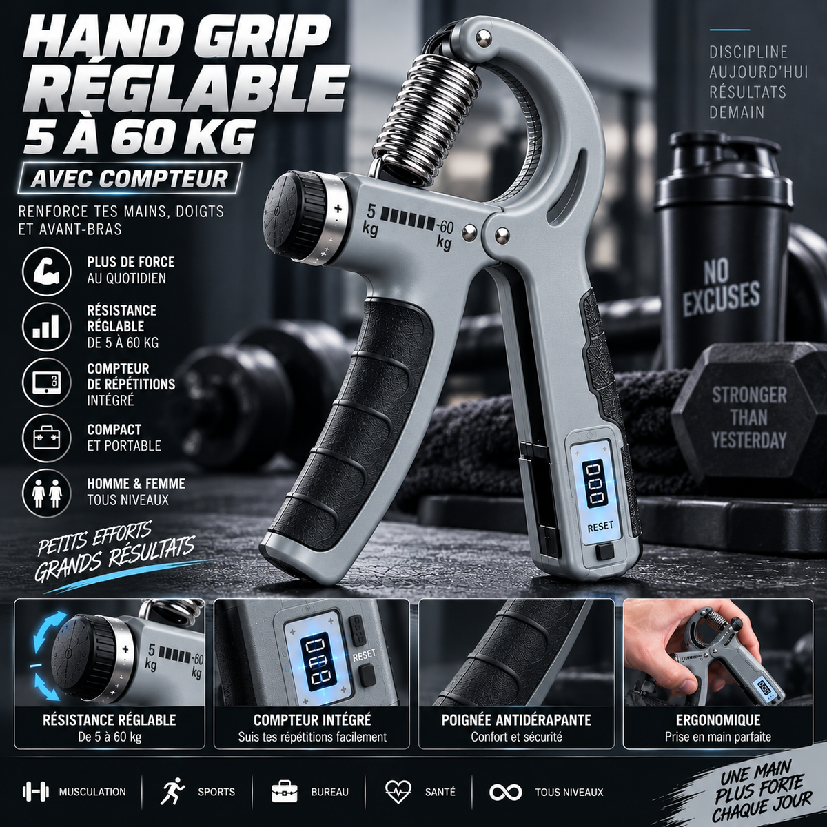 Hand Grip Réglable 5–60 kg avec Compteur | Seitsuna
