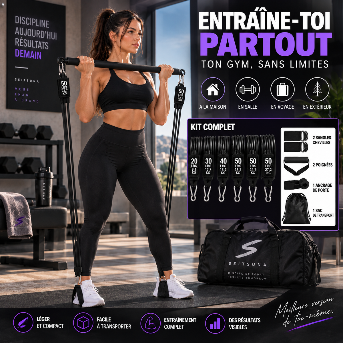 Barre Fitness avec Bandes de Résistance | Seitsuna