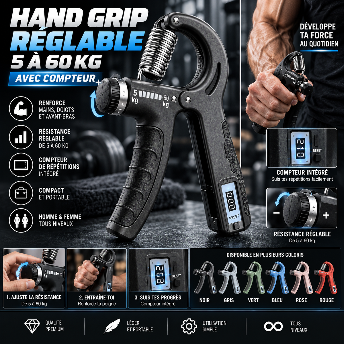 Hand Grip Réglable 5–60 kg avec Compteur | Seitsuna