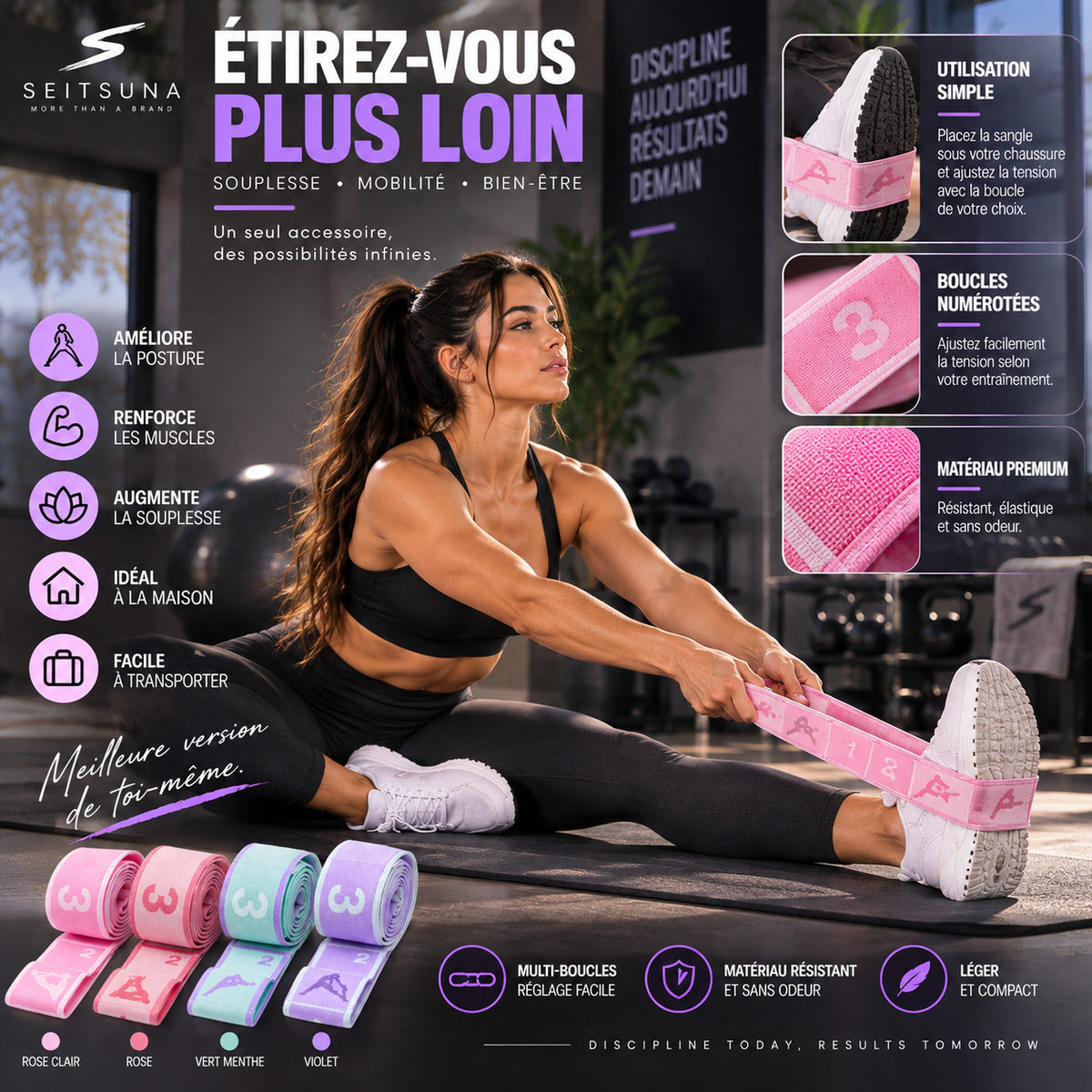 Sangle d’Étirement Yoga & Pilates Multi-Boucles | Seitsuna