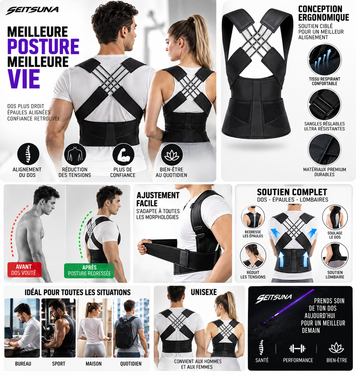 Correcteur de Posture Dos & Épaules Réglable | Seitsuna