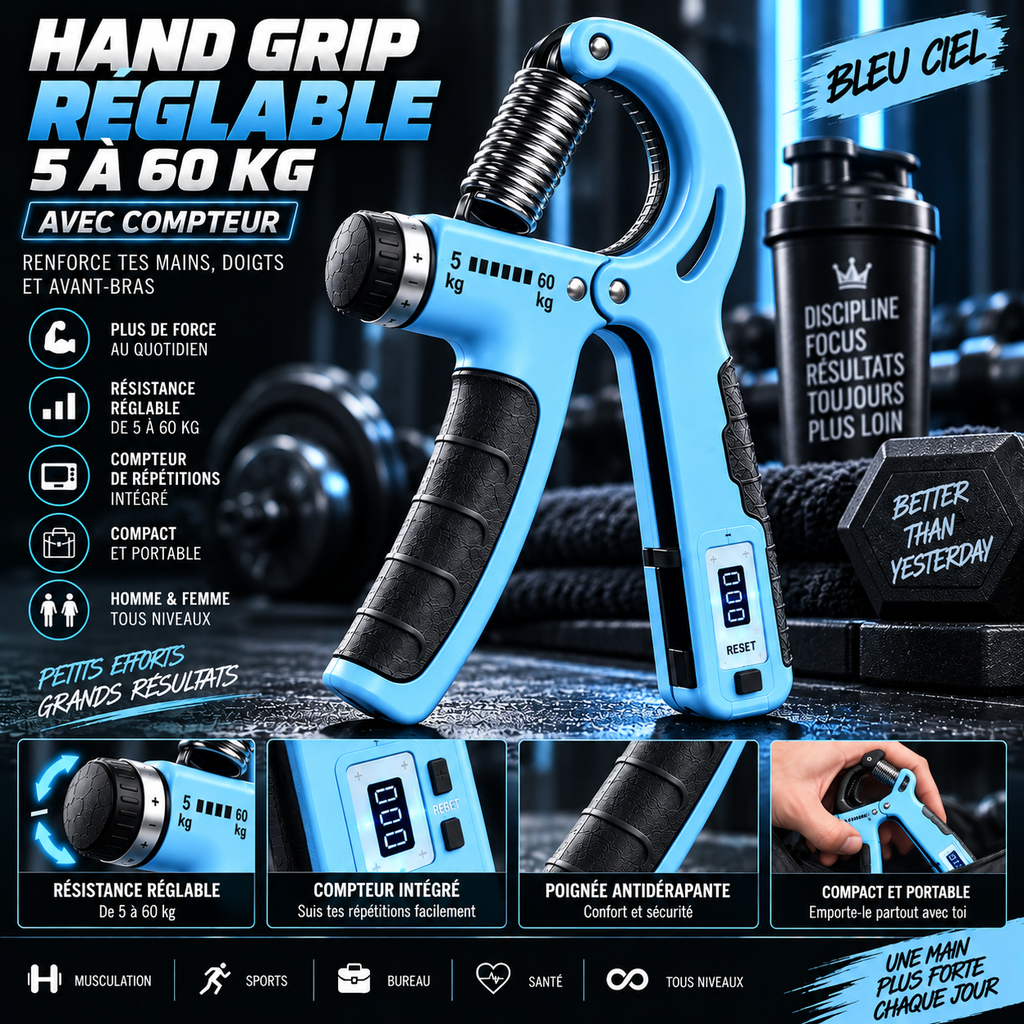 Hand Grip Réglable 5–60 kg avec Compteur | Seitsuna