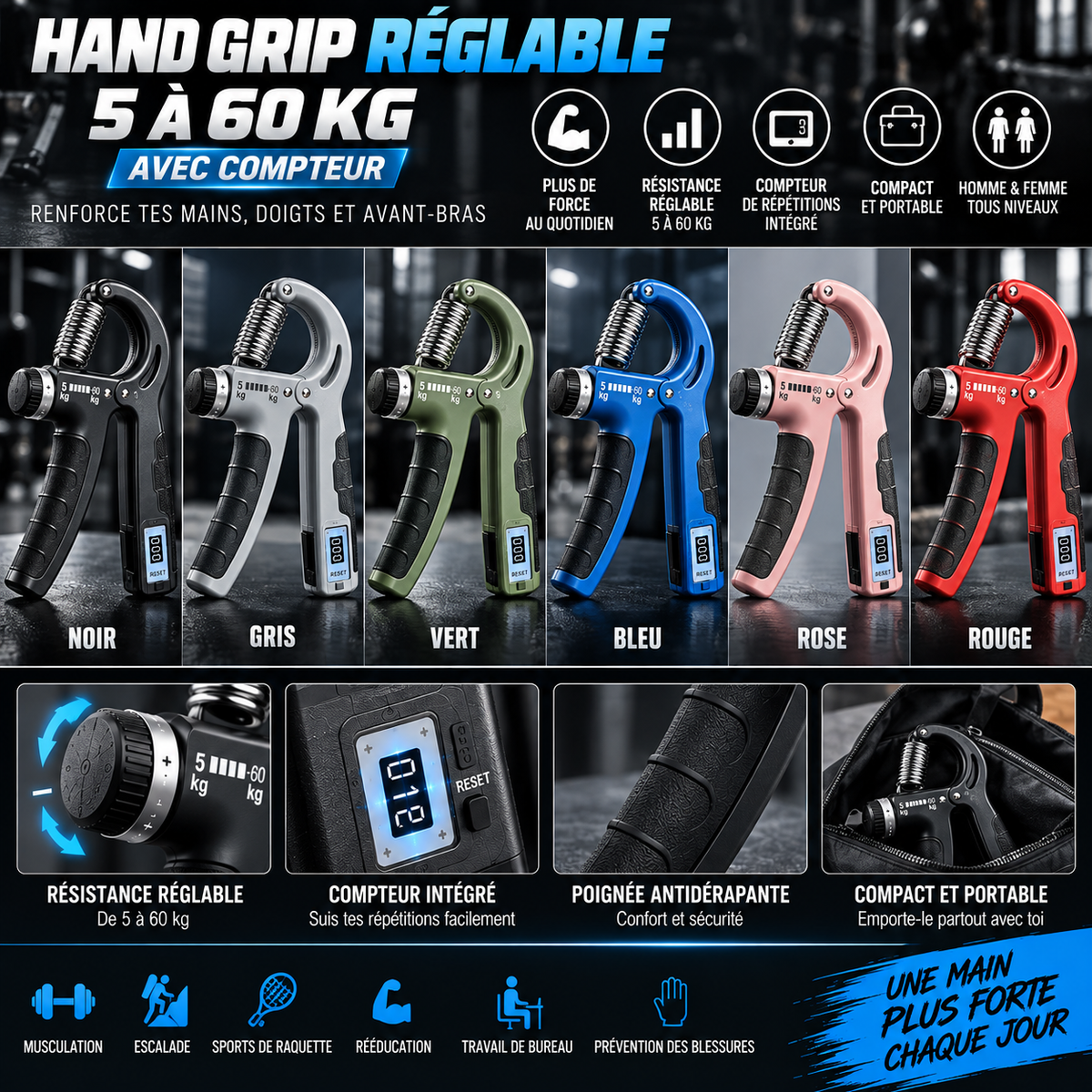 Hand Grip Réglable 5–60 kg avec Compteur | Seitsuna