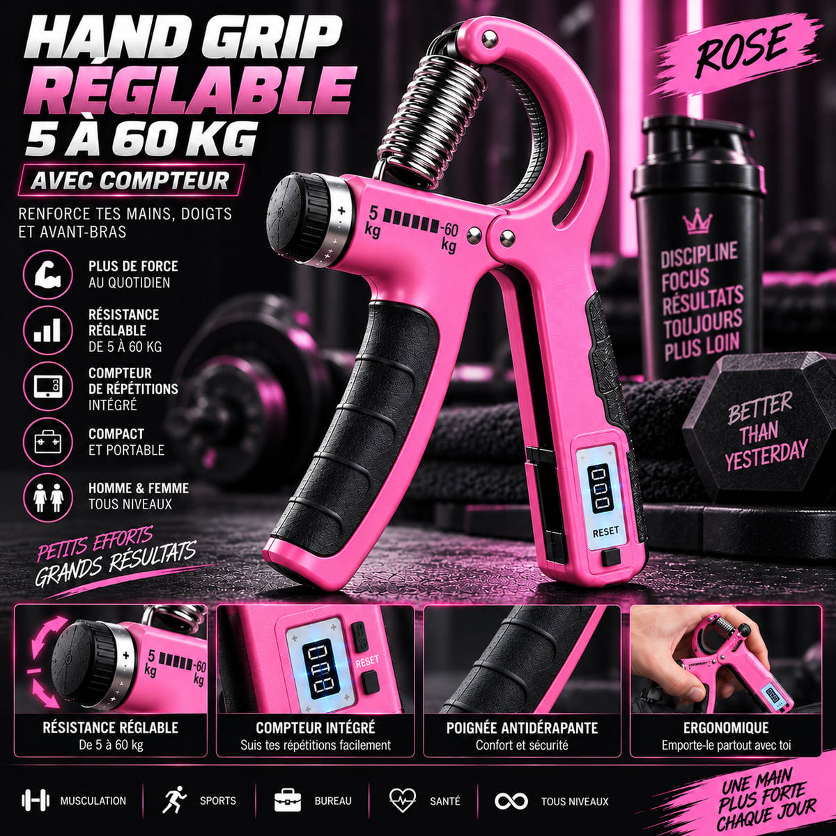 Hand Grip Réglable 5–60 kg avec Compteur | Seitsuna
